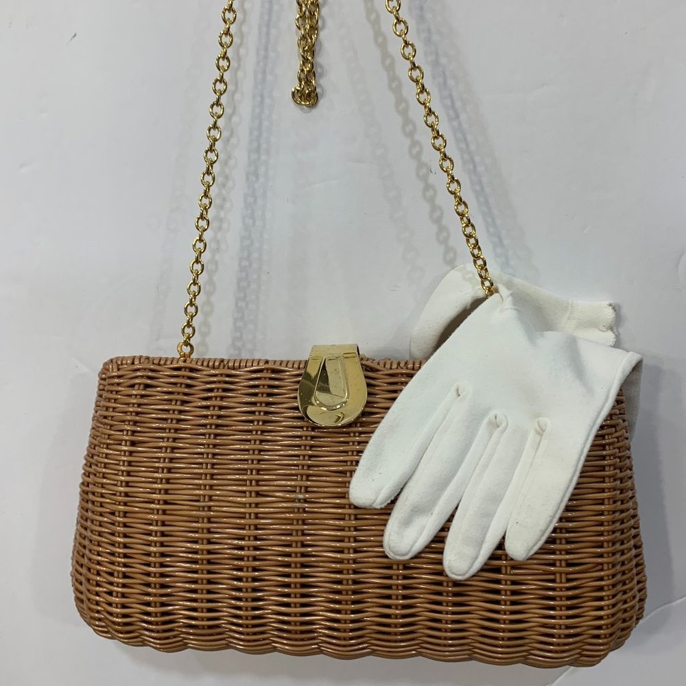 Points West Wicker Clutch with Gold Chain Shoulder Strap